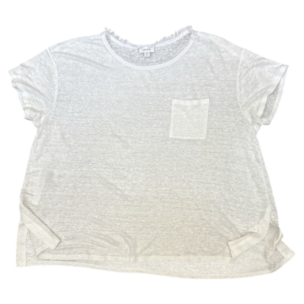 j jill boxy drapy white linen jewel neck pocket tee side slits fray detail 2X